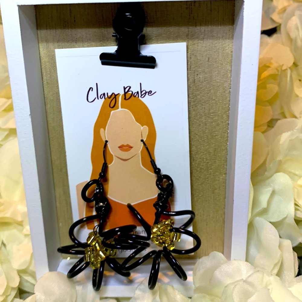 Gorgeous black and gold beaded wire flower earrings handcrafted unique pair